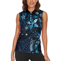 Hawaii Makahiki Season Women Sleeveless Polo Shirt Floral Tribal Tattoo Blue Galaxy LT05 - Polynesian Pride