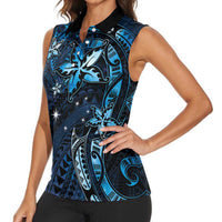 Hawaii Makahiki Season Women Sleeveless Polo Shirt Floral Tribal Tattoo Blue Galaxy LT05 - Polynesian Pride