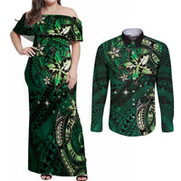 Hawaii Makahiki Season Couples Matching Off Shoulder Maxi Dress and Long Sleeve Button Shirt Floral Tribal Tattoo Green Galaxy