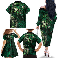 Hawaii Makahiki Season Family Matching Off The Shoulder Long Sleeve Dress and Hawaiian Shirt Floral Tribal Tattoo Green Galaxy LT05 - Polynesian Pride