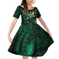 Hawaii Makahiki Season Family Matching Off Shoulder Short Dress and Hawaiian Shirt Floral Tribal Tattoo Green Galaxy LT05 Daughter's Dress Green - Polynesian Pride