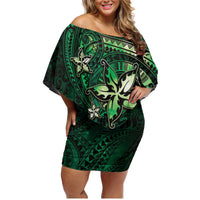 Hawaii Makahiki Season Family Matching Off Shoulder Short Dress and Hawaiian Shirt Floral Tribal Tattoo Green Galaxy LT05 Mom's Dress Green - Polynesian Pride
