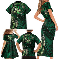 Hawaii Makahiki Season Family Matching Short Sleeve Bodycon Dress and Hawaiian Shirt Floral Tribal Tattoo Green Galaxy LT05 - Polynesian Pride
