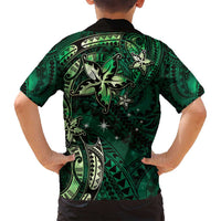Hawaii Makahiki Season Family Matching Summer Maxi Dress and Hawaiian Shirt Floral Tribal Tattoo Green Galaxy LT05 - Polynesian Pride