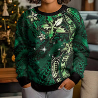 Hawaii Makahiki Season Kid Ugly Christmas Sweater Floral Tribal Tattoo Green Galaxy LT05 - Polynesian Pride