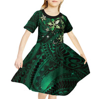 Hawaii Makahiki Season Kid Short Sleeve Dress Floral Tribal Tattoo Green Galaxy LT05 - Polynesian Pride