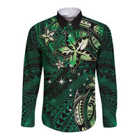Hawaii Makahiki Season Long Sleeve Button Shirt Floral Tribal Tattoo Green Galaxy LT05 Unisex Green - Polynesian Pride