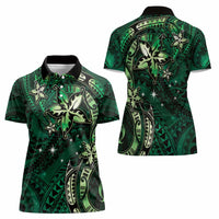Hawaii Makahiki Season Women Polo Shirt Floral Tribal Tattoo Green Galaxy