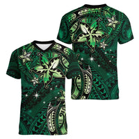 Hawaii Makahiki Season Women V-Neck T-Shirt Floral Tribal Tattoo Green Galaxy LT05 - Polynesian Pride