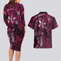 Hawaii Makahiki Season Couples Matching Long Sleeve Bodycon Dress and Hawaiian Shirt Floral Tribal Tattoo Pink Galaxy LT05 - Polynesian Pride