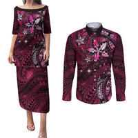 Hawaii Makahiki Season Couples Matching Puletasi and Long Sleeve Button Shirt Floral Tribal Tattoo Pink Galaxy LT05 Pink - Polynesian Pride