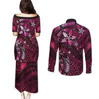 Hawaii Makahiki Season Couples Matching Puletasi and Long Sleeve Button Shirt Floral Tribal Tattoo Pink Galaxy LT05 - Polynesian Pride