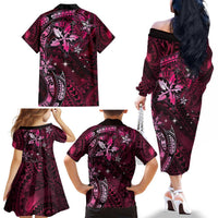 Hawaii Makahiki Season Family Matching Off The Shoulder Long Sleeve Dress and Hawaiian Shirt Floral Tribal Tattoo Pink Galaxy LT05 - Polynesian Pride