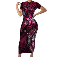 Hawaii Makahiki Season Short Sleeve Bodycon Dress Floral Tribal Tattoo Pink Galaxy LT05 Long Dress Pink - Polynesian Pride