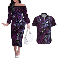 Hawaii Makahiki Season Couples Matching Off The Shoulder Long Sleeve Dress and Hawaiian Shirt Floral Tribal Tattoo Purple Galaxy