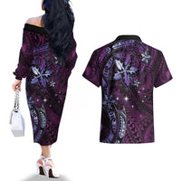 Hawaii Makahiki Season Couples Matching Off The Shoulder Long Sleeve Dress and Hawaiian Shirt Floral Tribal Tattoo Purple Galaxy