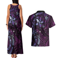 Hawaii Makahiki Season Couples Matching Tank Maxi Dress and Hawaiian Shirt Floral Tribal Tattoo Purple Galaxy