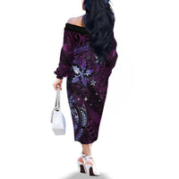 Hawaii Makahiki Season Family Matching Off The Shoulder Long Sleeve Dress and Hawaiian Shirt Floral Tribal Tattoo Purple Galaxy LT05 - Polynesian Pride