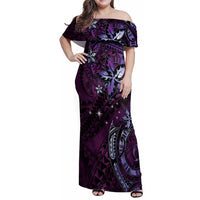 Hawaii Makahiki Season Family Matching Off Shoulder Maxi Dress and Hawaiian Shirt Floral Tribal Tattoo Purple Galaxy LT05 Mom's Dress Purple - Polynesian Pride