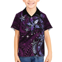 Hawaii Makahiki Season Family Matching Off Shoulder Maxi Dress and Hawaiian Shirt Floral Tribal Tattoo Purple Galaxy LT05 Son's Shirt Purple - Polynesian Pride