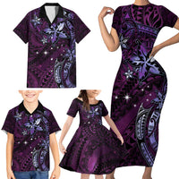 Hawaii Makahiki Season Family Matching Short Sleeve Bodycon Dress and Hawaiian Shirt Floral Tribal Tattoo Purple Galaxy LT05 - Polynesian Pride