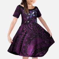 Hawaii Makahiki Season Kid Short Sleeve Dress Floral Tribal Tattoo Purple Galaxy LT05 KID Purple - Polynesian Pride