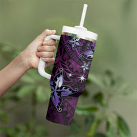 Hawaii Makahiki Season Tumbler With Handle Floral Tribal Tattoo Purple Galaxy LT05 - Polynesian Pride
