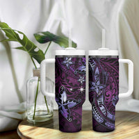 Hawaii Makahiki Season Tumbler With Handle Floral Tribal Tattoo Purple Galaxy LT05 - Polynesian Pride