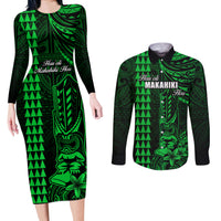 Personalized Hawaii Hauoli Makahiki Hou Couples Matching Long Sleeve Bodycon Dress and Long Sleeve Button Shirts Lono Hawaiian God Kakau Polynesian Tribal Green LT05 Green - Polynesian Pride