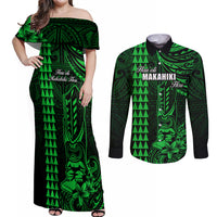 Personalized Hawaii Hauoli Makahiki Hou Couples Matching Off Shoulder Maxi Dress and Long Sleeve Button Shirts Lono Hawaiian God Kakau Polynesian Tribal Green LT05 Green - Polynesian Pride