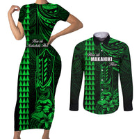 Personalized Hawaii Hauoli Makahiki Hou Couples Matching Short Sleeve Bodycon Dress and Long Sleeve Button Shirts Lono Hawaiian God Kakau Polynesian Tribal Green LT05 Green - Polynesian Pride