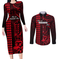 Personalized Hawaii Hauoli Makahiki Hou Couples Matching Long Sleeve Bodycon Dress and Long Sleeve Button Shirts Lono Hawaiian God Kakau Polynesian Tribal Red LT05 Red - Polynesian Pride