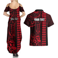 Personalized Hawaii Hauoli Makahiki Hou Couples Matching Summer Maxi Dress and Hawaiian Shirt Lono Hawaiian God Kakau Polynesian Tribal Red LT05 - Polynesian Pride