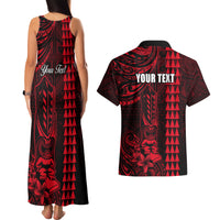 Personalized Hawaii Hauoli Makahiki Hou Couples Matching Tank Maxi Dress and Hawaiian Shirt Lono Hawaiian God Kakau Polynesian Tribal Red LT05 - Polynesian Pride