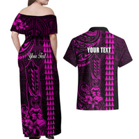 Personalized Hawaii Hauoli Makahiki Hou Couples Matching Off Shoulder Maxi Dress and Hawaiian Shirt Lono Hawaiian God Kakau Polynesian Tribal Pink LT05 - Polynesian Pride