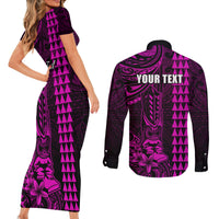 Personalized Hawaii Hauoli Makahiki Hou Couples Matching Short Sleeve Bodycon Dress and Long Sleeve Button Shirts Lono Hawaiian God Kakau Polynesian Tribal Pink LT05 - Polynesian Pride