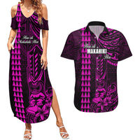 Personalized Hawaii Hauoli Makahiki Hou Couples Matching Summer Maxi Dress and Hawaiian Shirt Lono Hawaiian God Kakau Polynesian Tribal Pink LT05 Pink - Polynesian Pride
