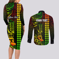 Personalized Hawaii Hauoli Makahiki Hou Couples Matching Long Sleeve Bodycon Dress and Long Sleeve Button Shirts Lono Hawaiian God Kakau Polynesian Tribal Reggae LT05 - Polynesian Pride