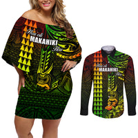 Personalized Hawaii Hauoli Makahiki Hou Couples Matching Off Shoulder Short Dress and Long Sleeve Button Shirts Lono Hawaiian God Kakau Polynesian Tribal Reggae LT05 Reggae - Polynesian Pride
