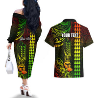 Personalized Hawaii Hauoli Makahiki Hou Couples Matching Off The Shoulder Long Sleeve Dress and Hawaiian Shirt Lono Hawaiian God Kakau Polynesian Tribal Reggae LT05 - Polynesian Pride