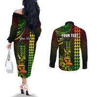 Personalized Hawaii Hauoli Makahiki Hou Couples Matching Off The Shoulder Long Sleeve Dress and Long Sleeve Button Shirts Lono Hawaiian God Kakau Polynesian Tribal Reggae LT05 - Polynesian Pride