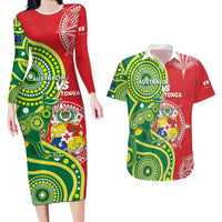 Custom Tonga Australia Rugby Couples Matching Long Sleeve Bodycon Dress and Hawaiian Shirt Kangaroos And Tonga Mate Maa Together LT05 Green - Polynesian Pride