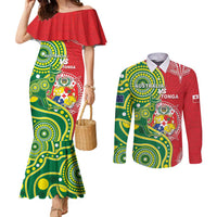 Custom Tonga Australia Rugby Couples Matching Mermaid Dress and Long Sleeve Button Shirt Kangaroos And Tonga Mate Maa Together LT05 Green - Polynesian Pride