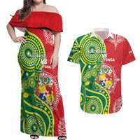 Custom Tonga Australia Rugby Couples Matching Off Shoulder Maxi Dress and Hawaiian Shirt Kangaroos And Tonga Mate Maa Together LT05 Green - Polynesian Pride