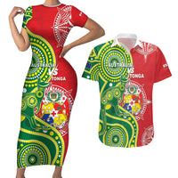 Custom Tonga Australia Rugby Couples Matching Short Sleeve Bodycon Dress and Hawaiian Shirt Kangaroos And Tonga Mate Maa Together LT05 Green - Polynesian Pride