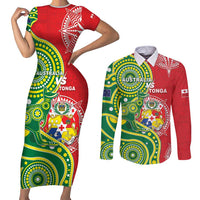 Custom Tonga Australia Rugby Couples Matching Short Sleeve Bodycon Dress and Long Sleeve Button Shirt Kangaroos And Tonga Mate Maa Together LT05 Green - Polynesian Pride