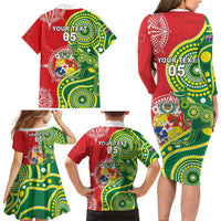 Custom Tonga Australia Rugby Family Matching Long Sleeve Bodycon Dress and Hawaiian Shirt Kangaroos And Tonga Mate Maa Together LT05 - Polynesian Pride