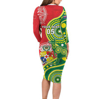Custom Tonga Australia Rugby Family Matching Long Sleeve Bodycon Dress and Hawaiian Shirt Kangaroos And Tonga Mate Maa Together LT05 - Polynesian Pride