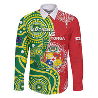 Custom Tonga Australia Rugby Family Matching Off The Shoulder Long Sleeve Dress and Hawaiian Shirt Kangaroos And Tonga Mate Maa Together LT05 Dad's Shirt - Long Sleeve Green - Polynesian Pride