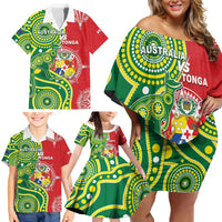 Custom Tonga Australia Rugby Family Matching Off Shoulder Short Dress and Hawaiian Shirt Kangaroos And Tonga Mate Maa Together LT05 - Polynesian Pride
